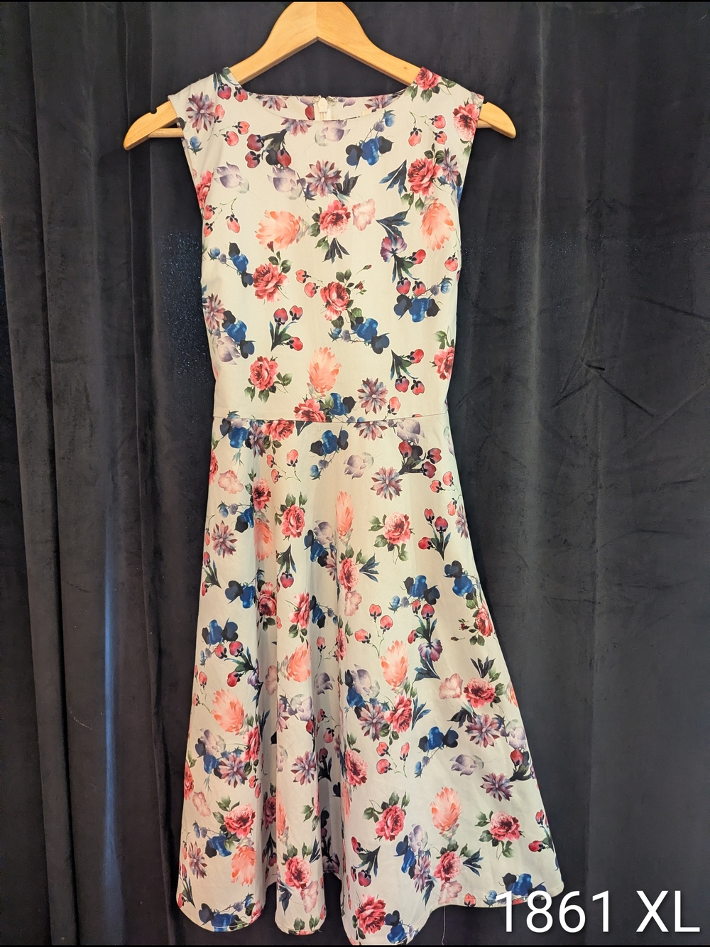 1861 Xl Dress Floral Fit-and-Flare in Cream with Pink & Blue Blooms